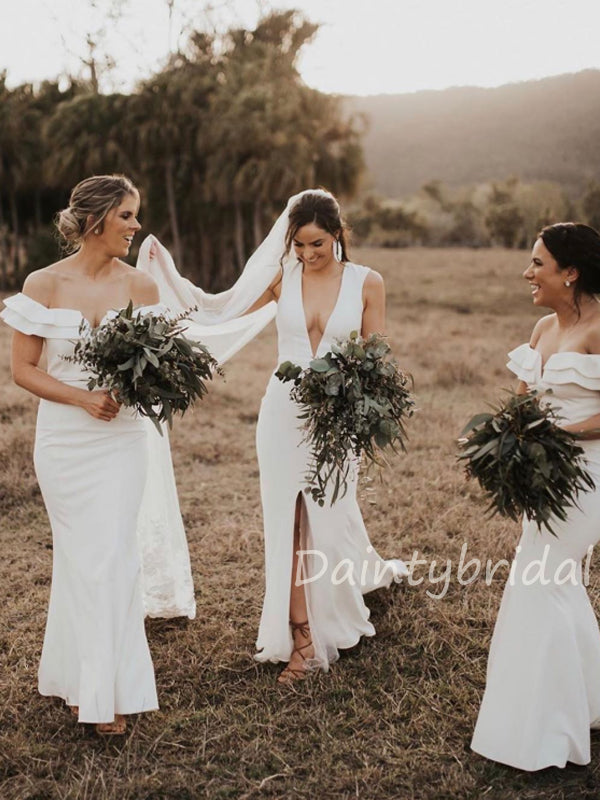 Charming Off-shoulder Mermaid Satin Floor Length Long Bridesmaid Dresses.DB10423