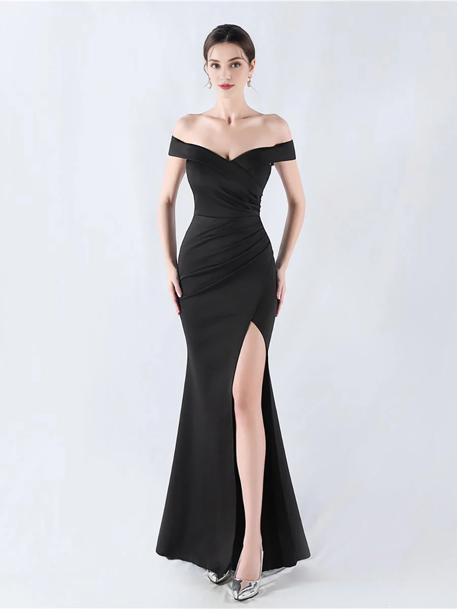 Off shoulder pleated slit and floor length gown evening dresses