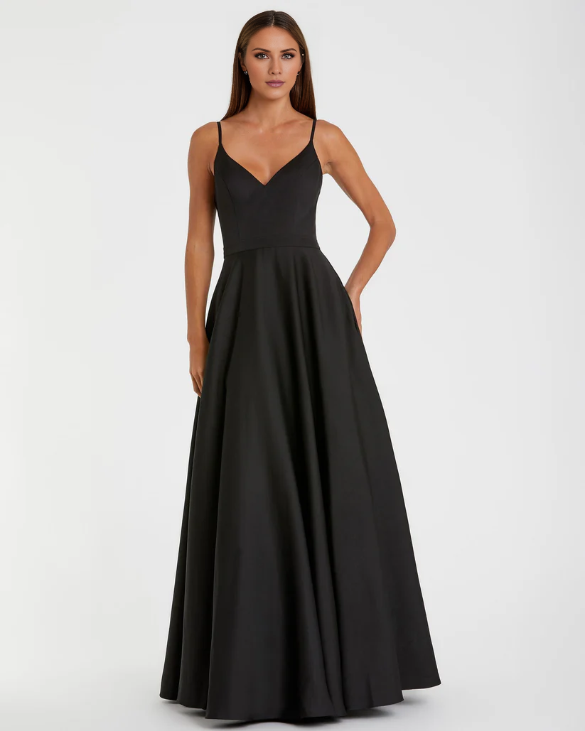 A-line V-neck spaghetti strap sleeveless floor-length evening dress
