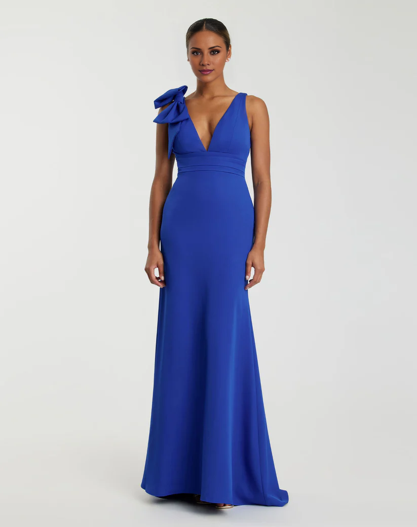 Mermaid sleeveless V-neck bow floor-length evening dress