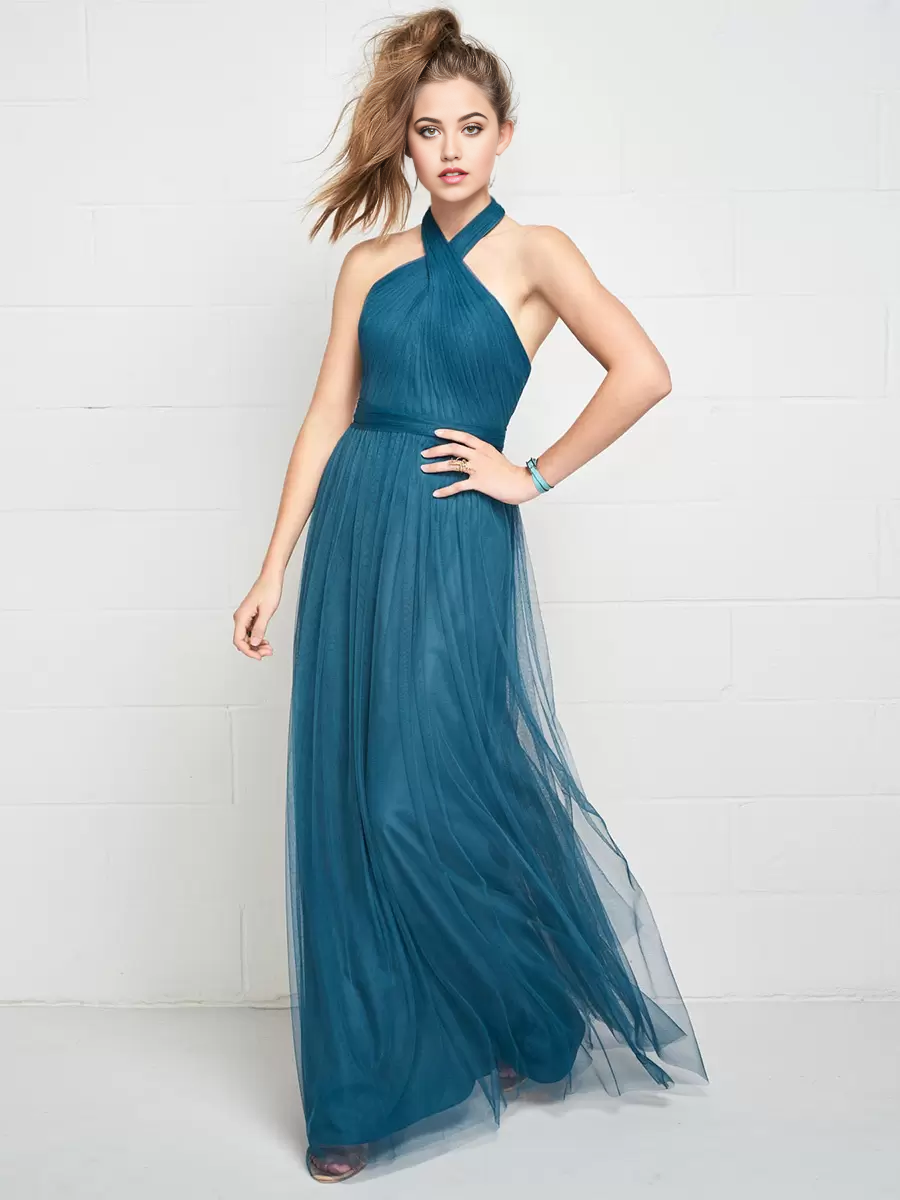 A-Line Halter Open Back Ruched Tulle Wedding Party Dresses formal dresses evening gown Bridesmaid Dress