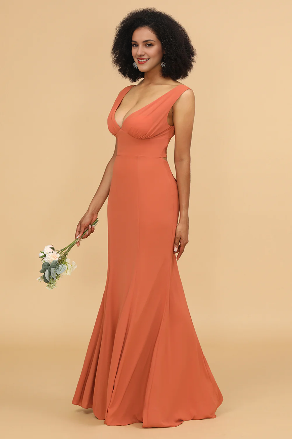 Lotus leaf edge sunset fish tail V-neck bridesmaid dress
