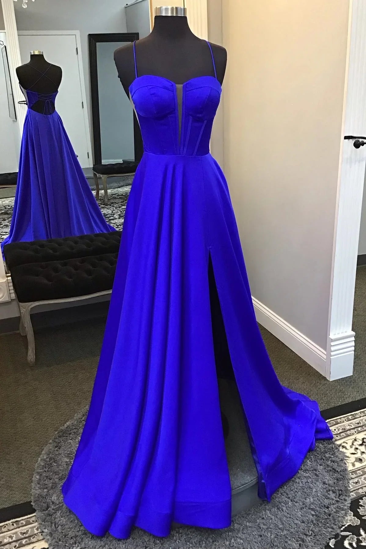 Jimiss thin shoulder strap yellow A-line slit long Prom dress