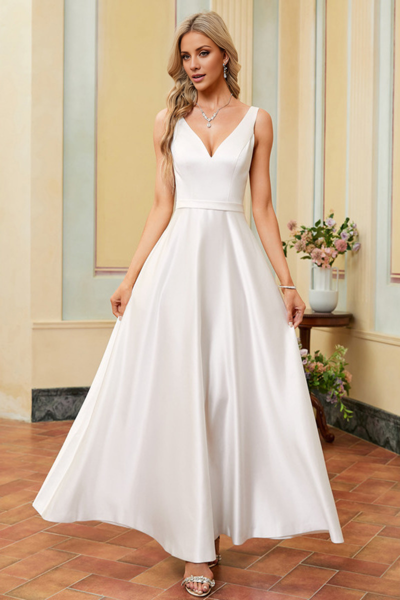 A-line V-neck sleeveless thin shoulder strap and floor length satin wedding dress