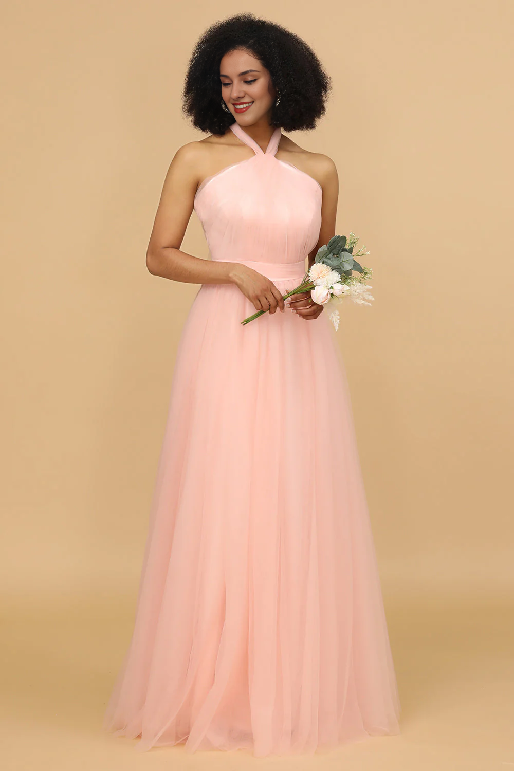 Powder blusher A-shaped neck and floor tulle bridesmaid dress