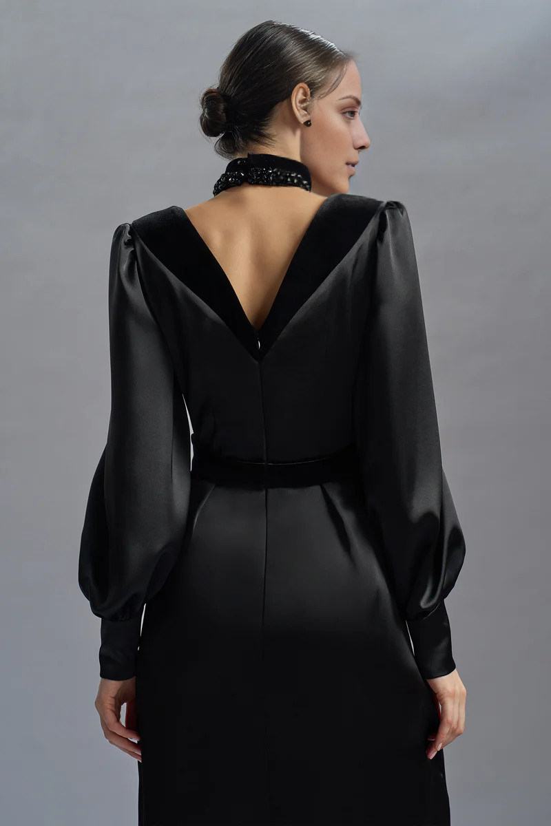 Deep V-neck satin long sleeved and floor length evening gown