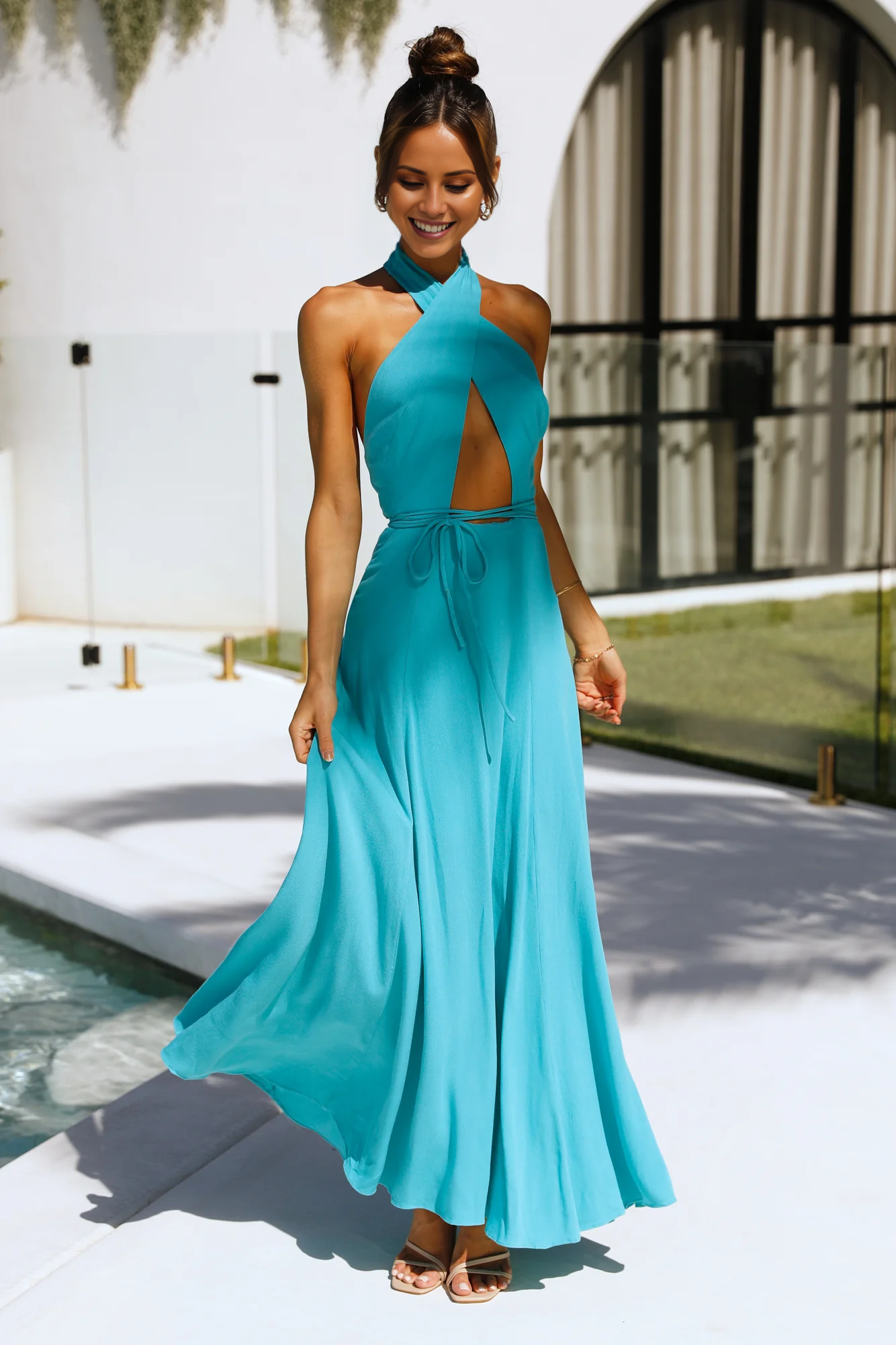 Jimiss halter neckline sleeveless backless long Prom dress