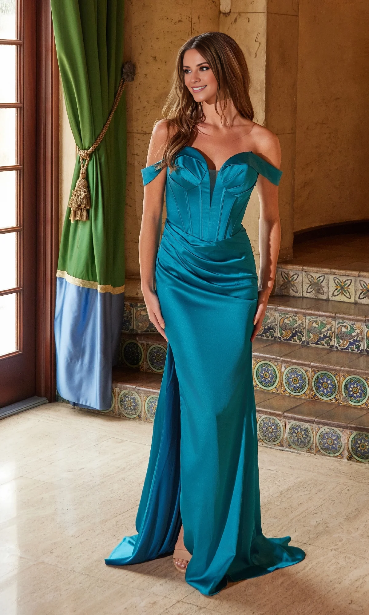 Jimiss off shoulder V-neck pleated back zipper side slit and floor length evening dress