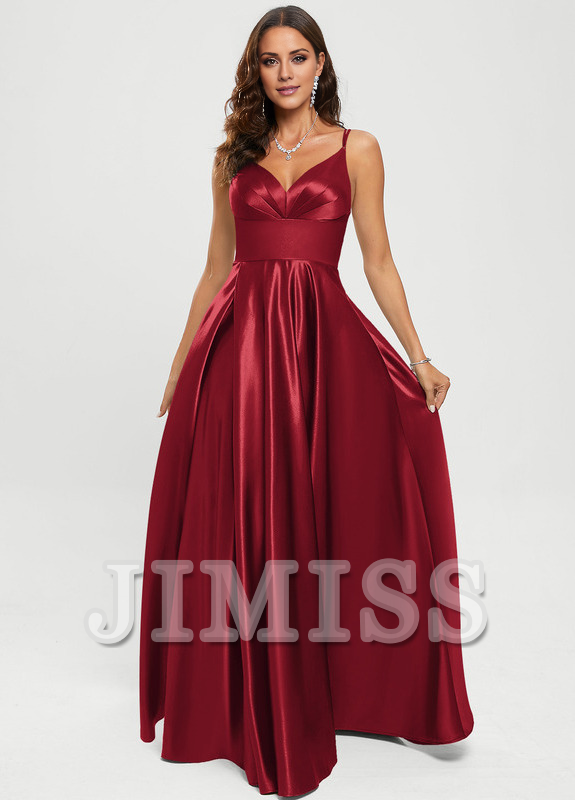 A-line V-neck floor-length satin prom dress