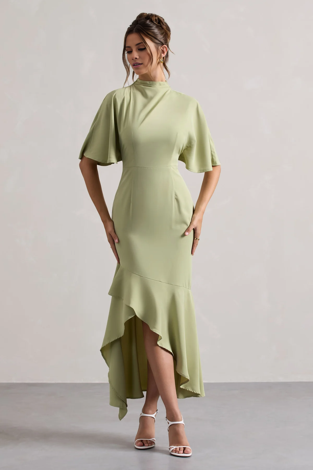 High neck ruffle sleeves asymmetrical hem and floor length evening dress - Jimiss Dress