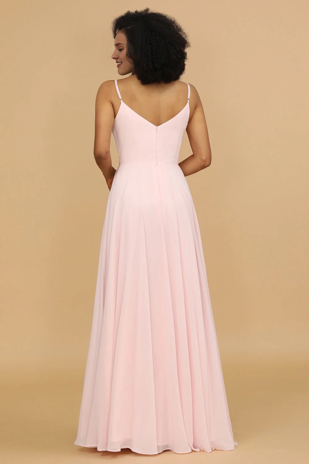 Pink A-line slim shoulder chiffon long bridesmaid dress