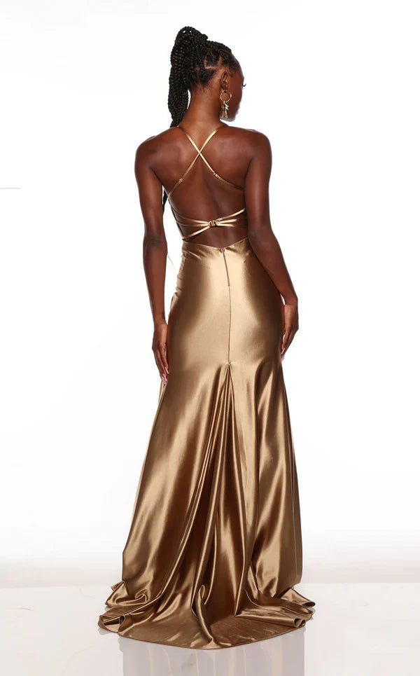 Thin shoulder strap tight corset with satin strap back side slit and floor length Prom dress