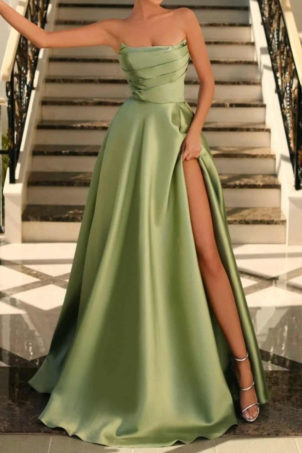 Jimiss stunning sage green A-line off shoulder long satin slit Prom dress