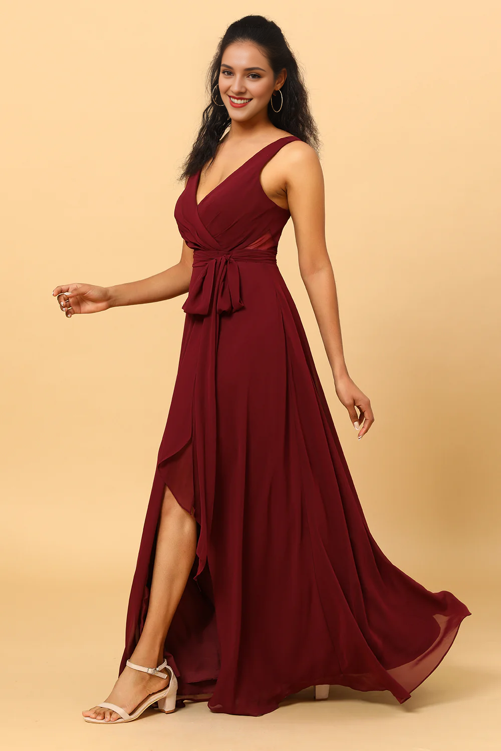 Cabernet Sauvignon V-neck sleeveless and floor chiffon bridesmaid dress