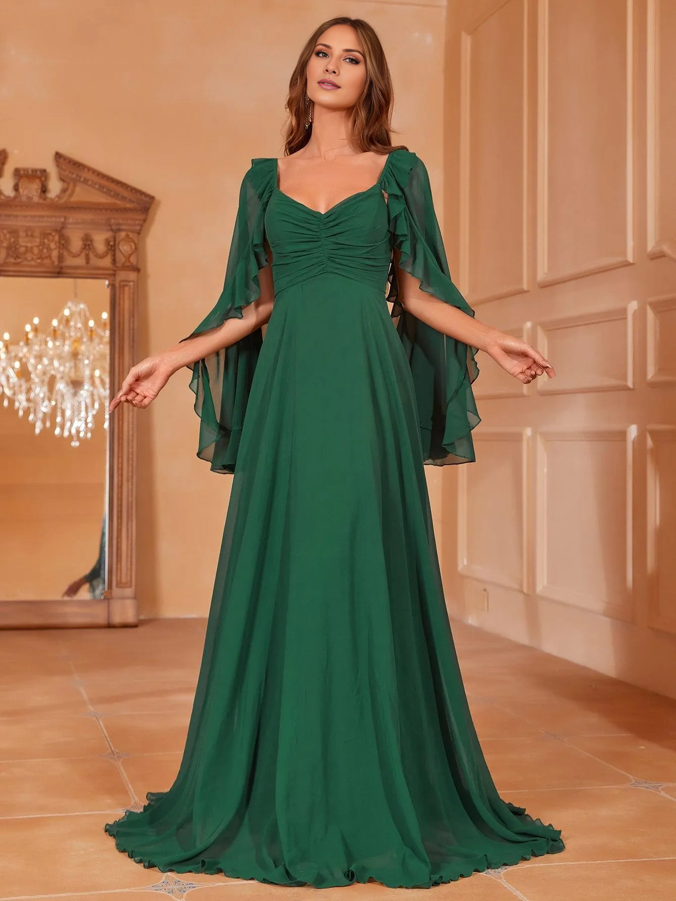 Cape sleeve chiffon backless and floor length formal dress