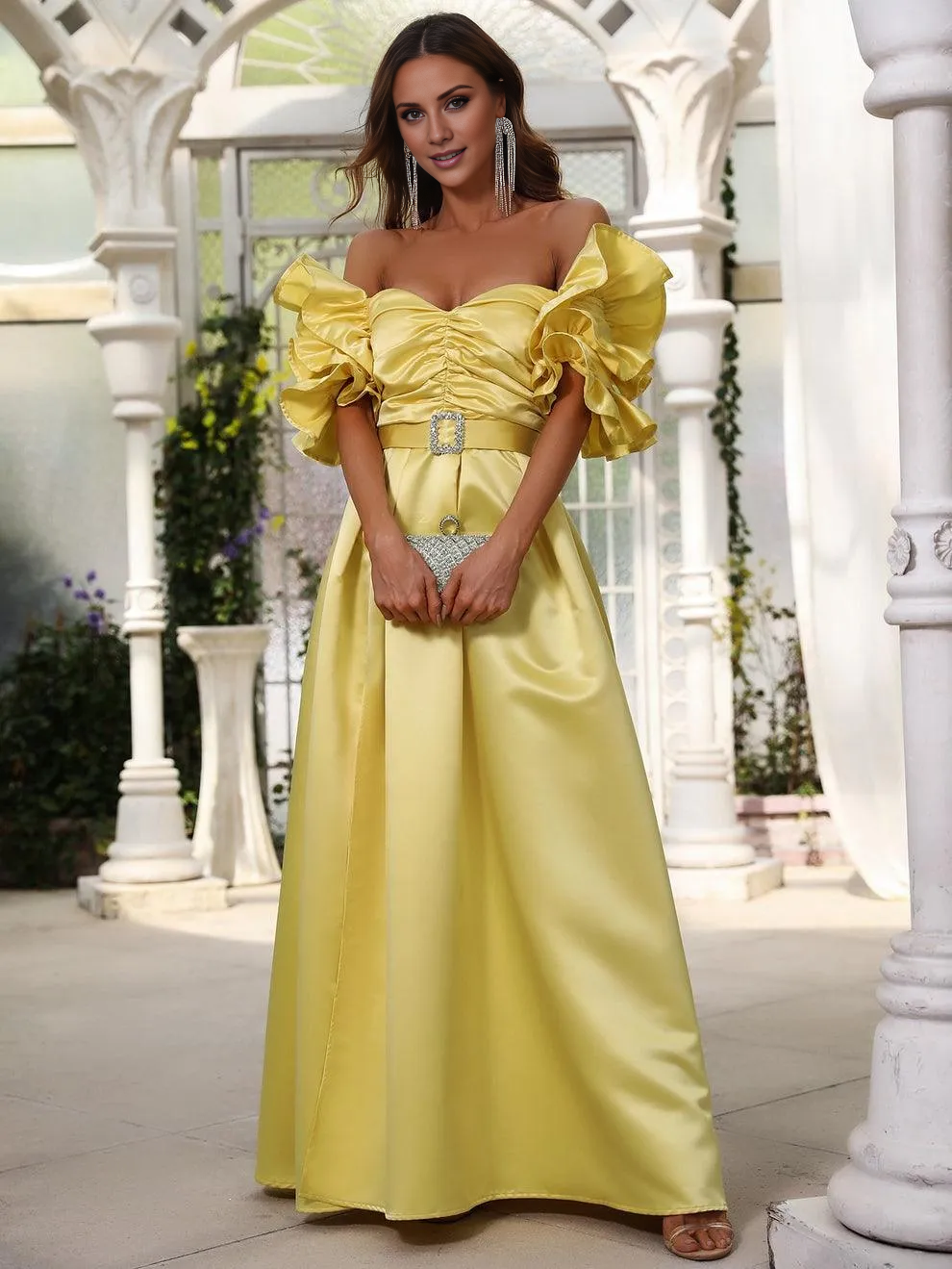 A-line pleated ruffled satin and floor length formal dress