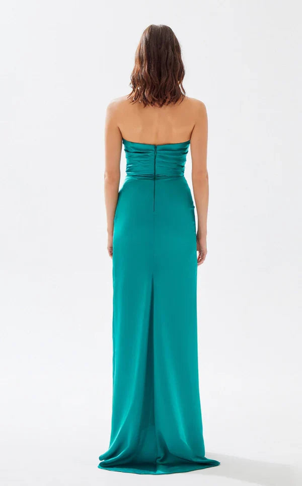 A-line chicken heart collar strapless backless high slit and floor length evening dress