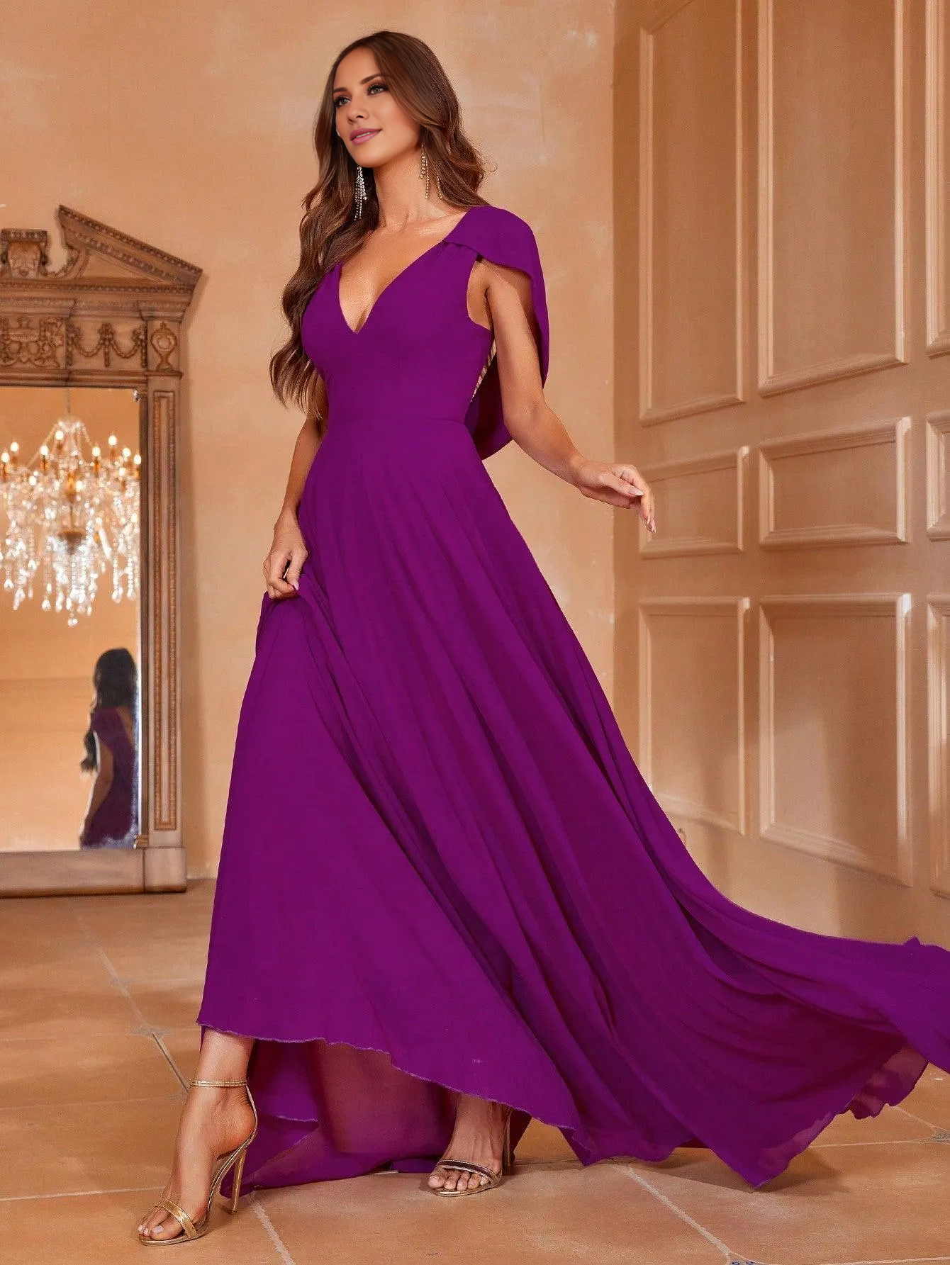 A-line V-neck hanging back chiffon and floor length formal dress
