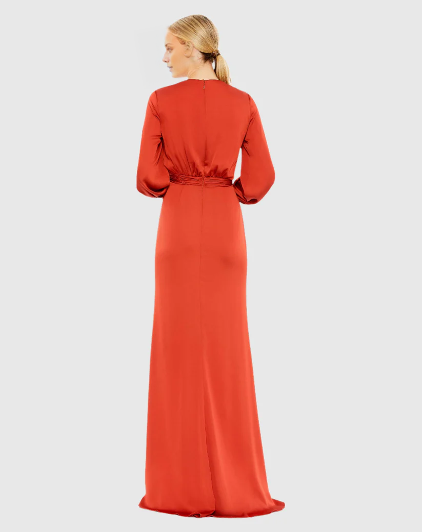 A-line V-neck long sleeve side slit floor-length evening dress