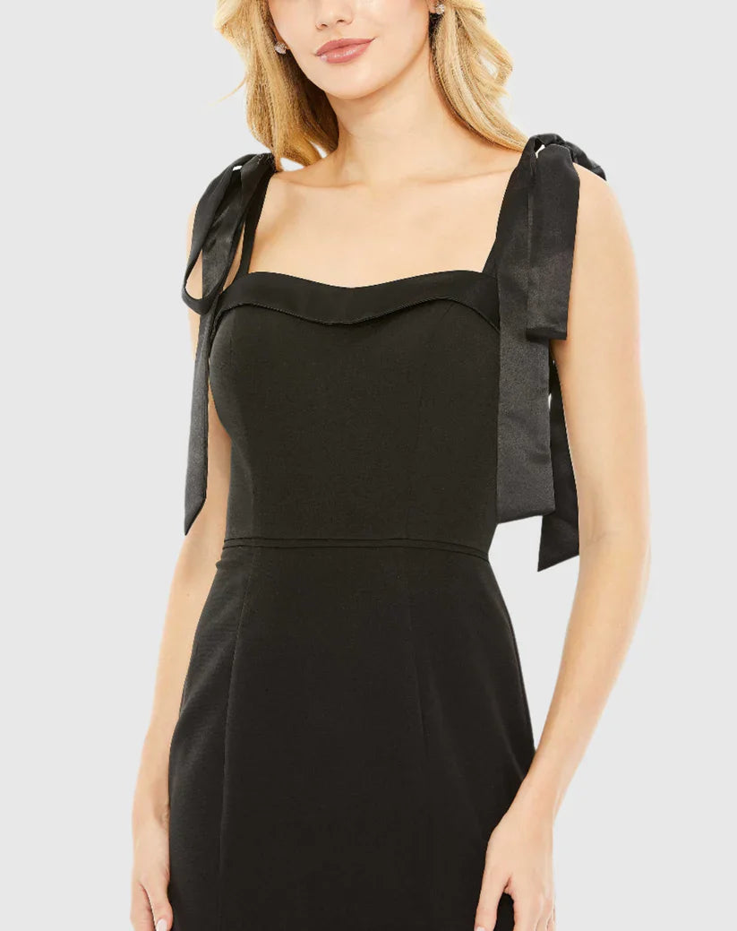 Square neck sleeveless tie side slit floor length evening dress