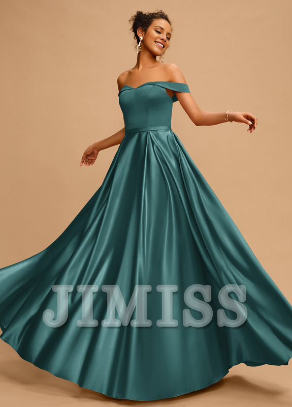 A-line off-the-shoulder floor-length satin prom dress