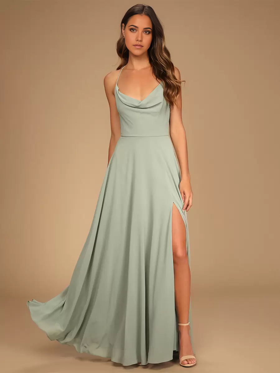 A-Line Spaghetti Straps Chiffon Wedding Party Dress formal dresses evening gown Bridesmaid Dresses With High Slit