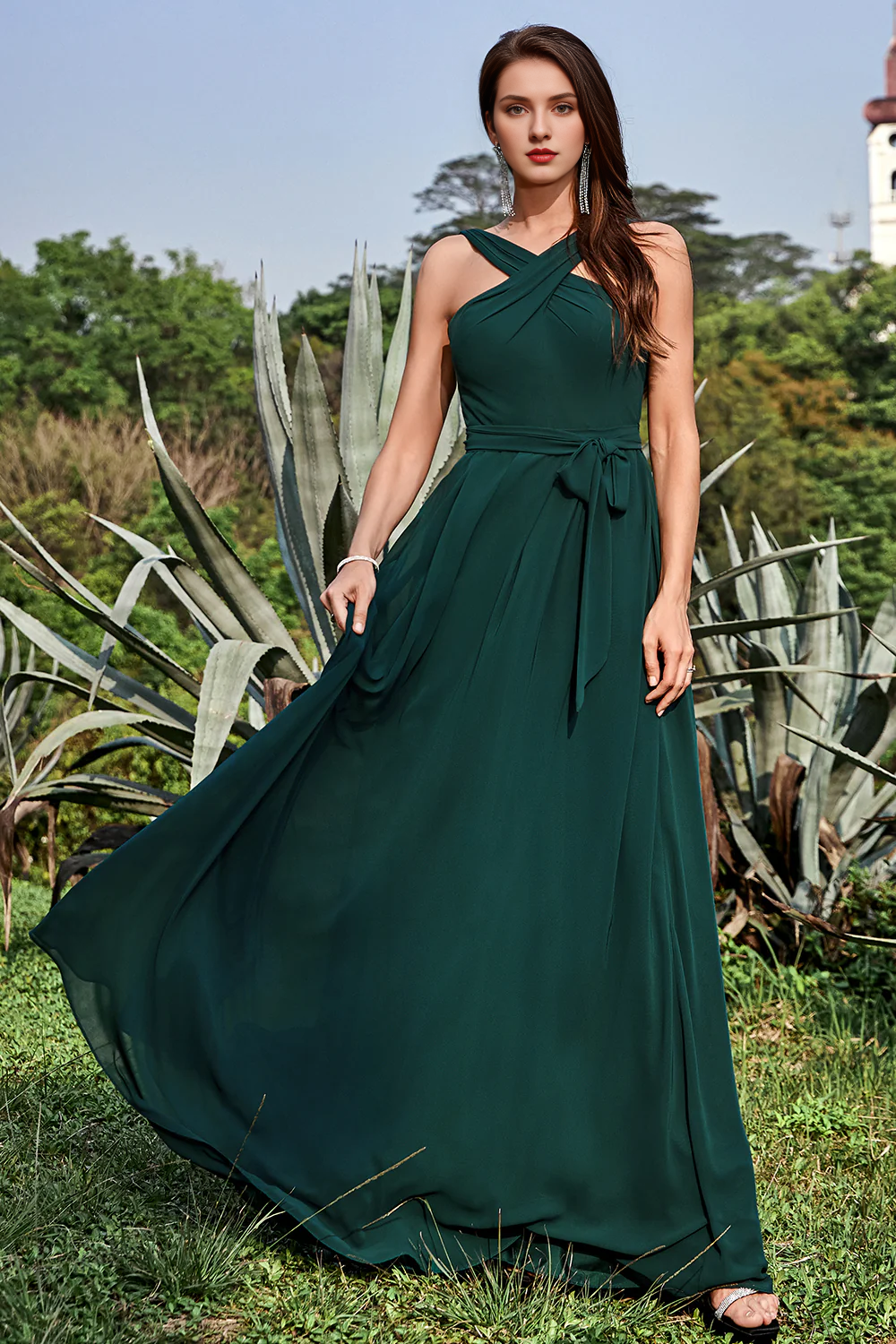 A-line hanging neck and ground pine chiffon bridesmaid dress