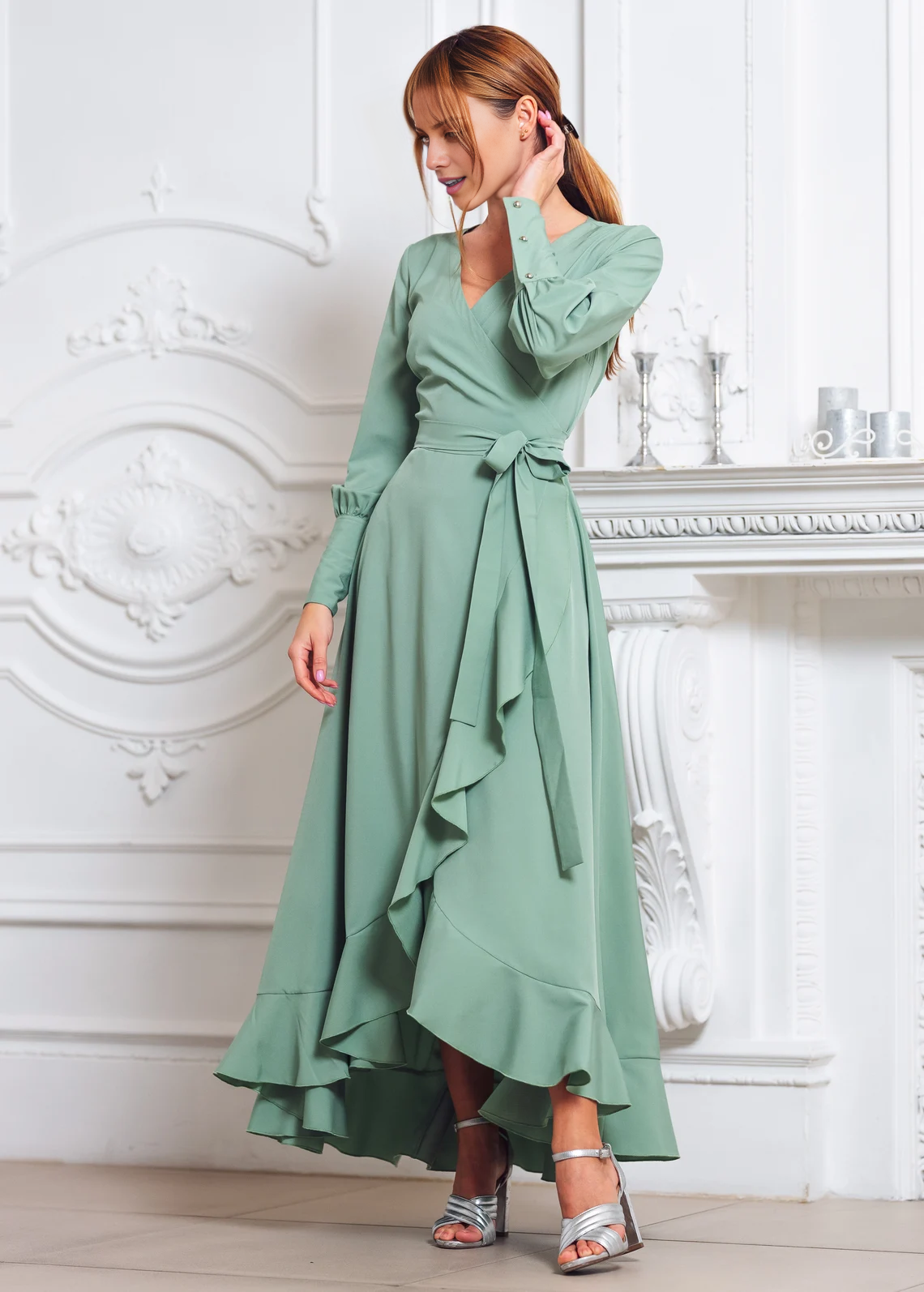 Jimiss V-neck long sleeved chiffon ruffle edge length Prom dress