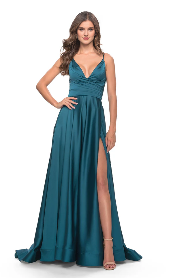 A-line V-neck thin shoulder strap with exposed back side slit and floor length evening dress
