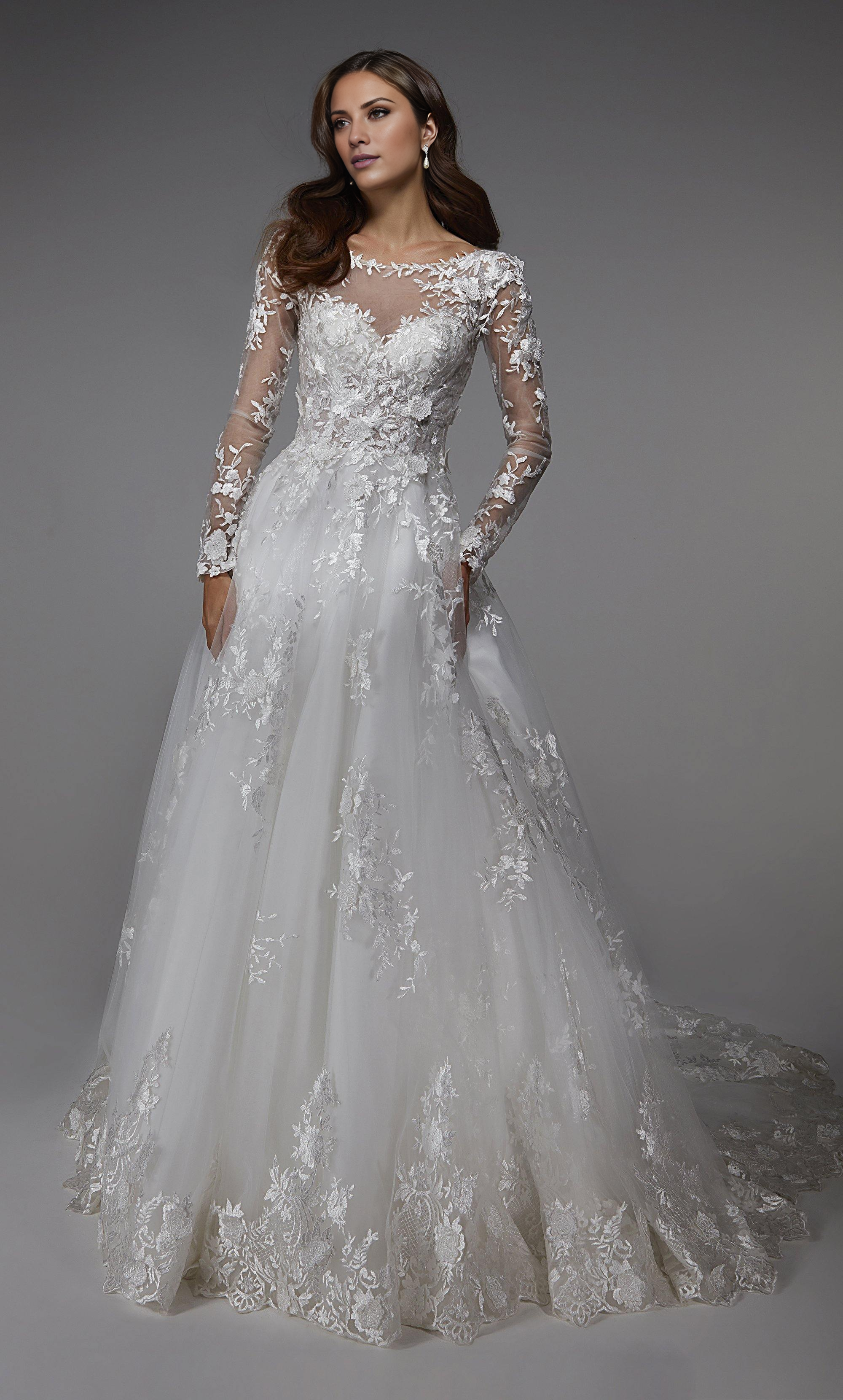 Chiffon lace illusion collar deep V illusion and floor length wedding dresses