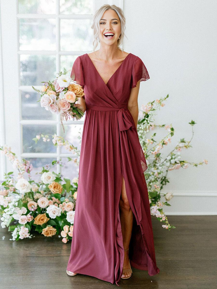 A-Line V-Neck Short Sleeve Floor-Length Zipper Chiffon Burgundy Wedding Party Dress formal dresses evening gown Bridesmaid Dress