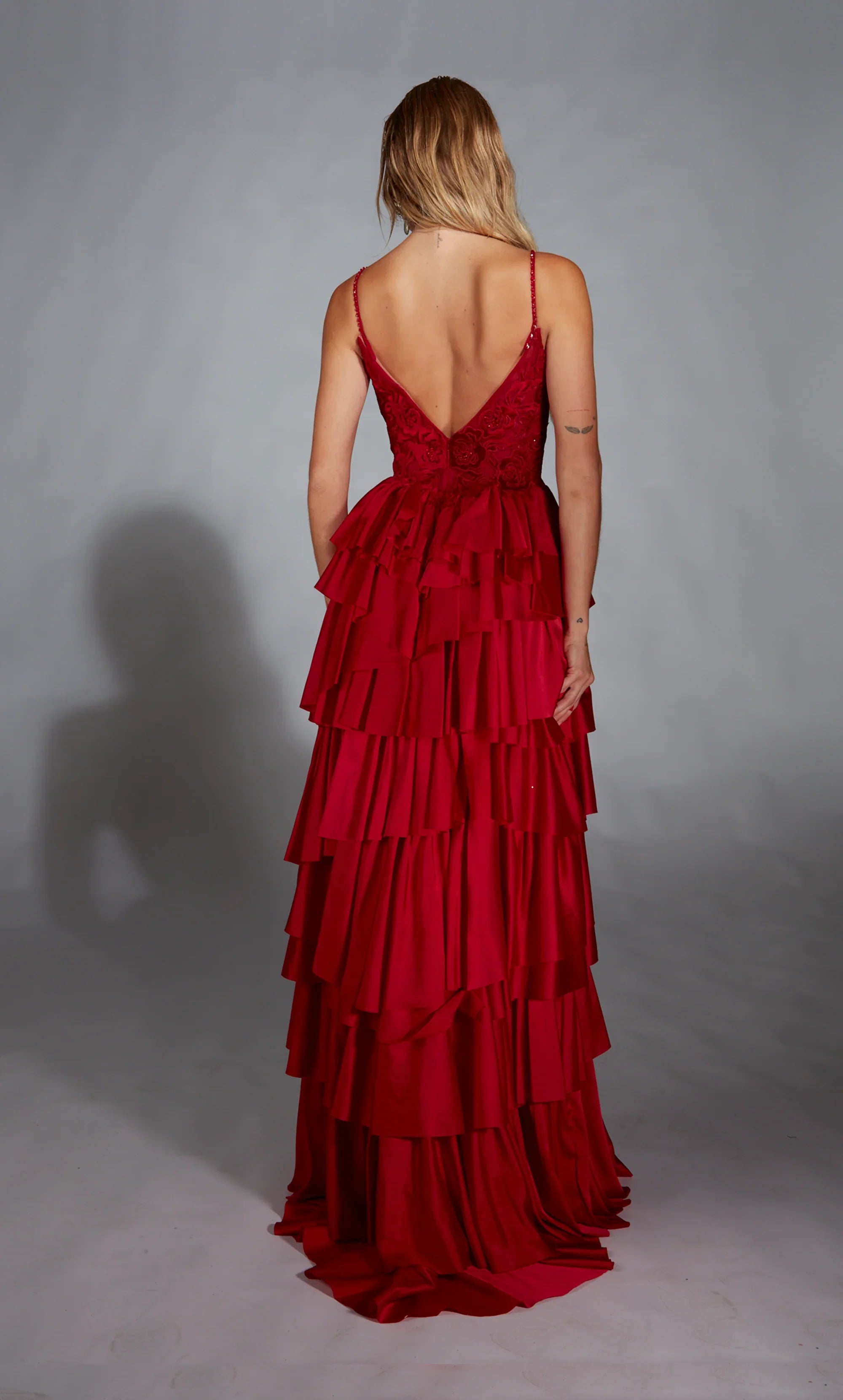 Satin chiffon evening gown V-neck A-line tight corset with slit long formal dress