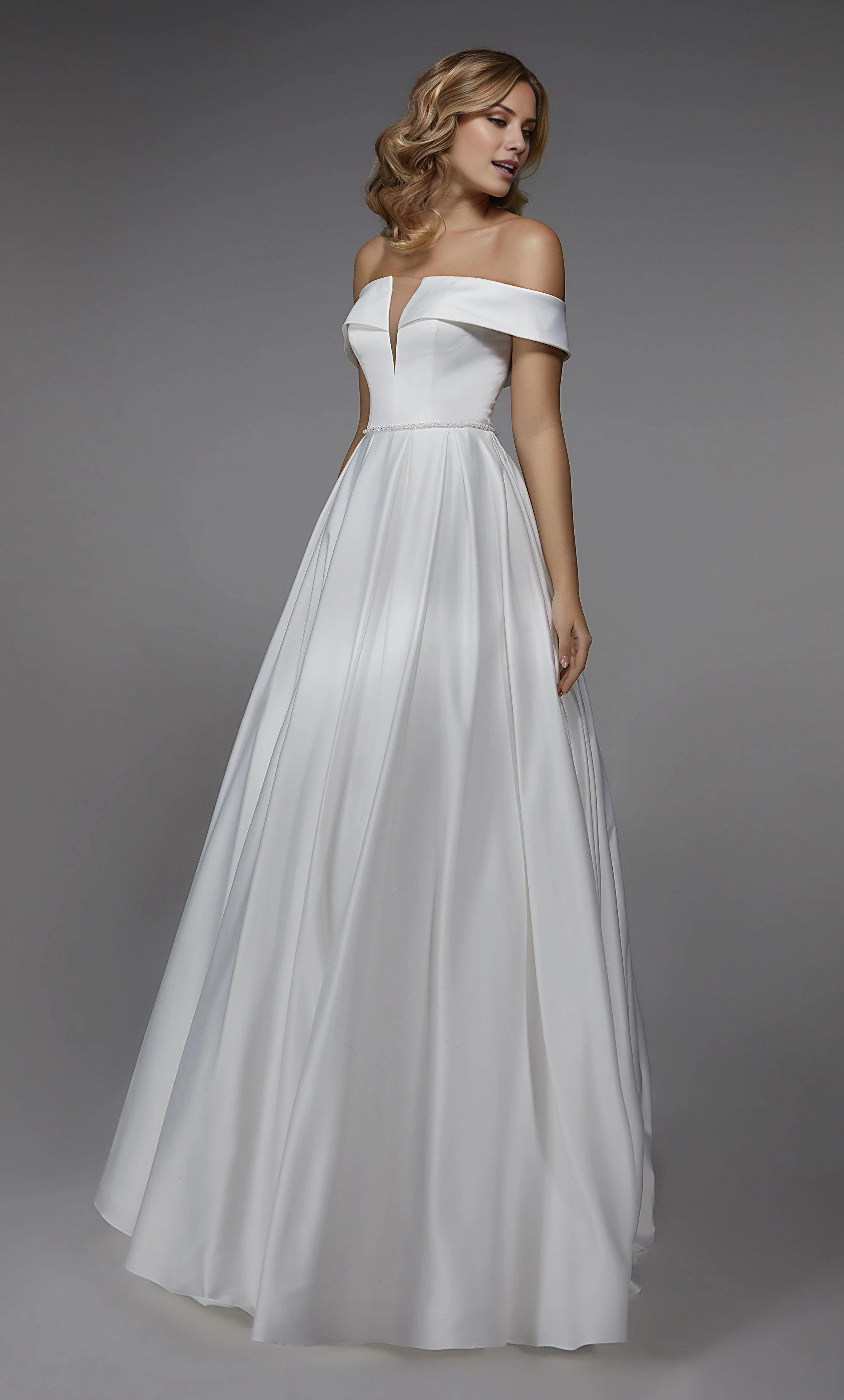 Perfect satin off shoulder A-line backless and floor length wedding dresses