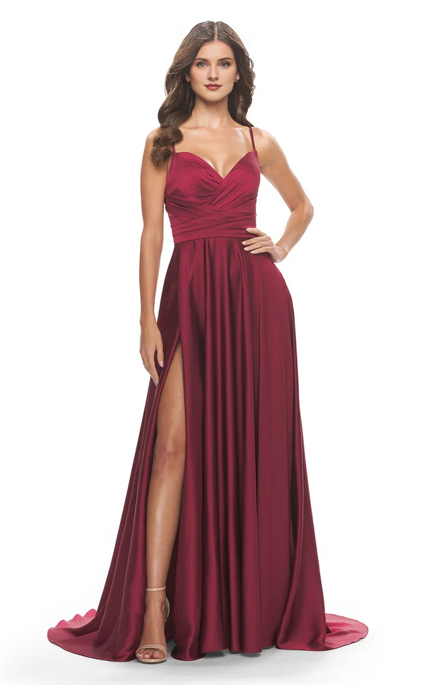 A-line V-neck sheer sleeveless thin shoulder strap with side slits and floor length Prom dress