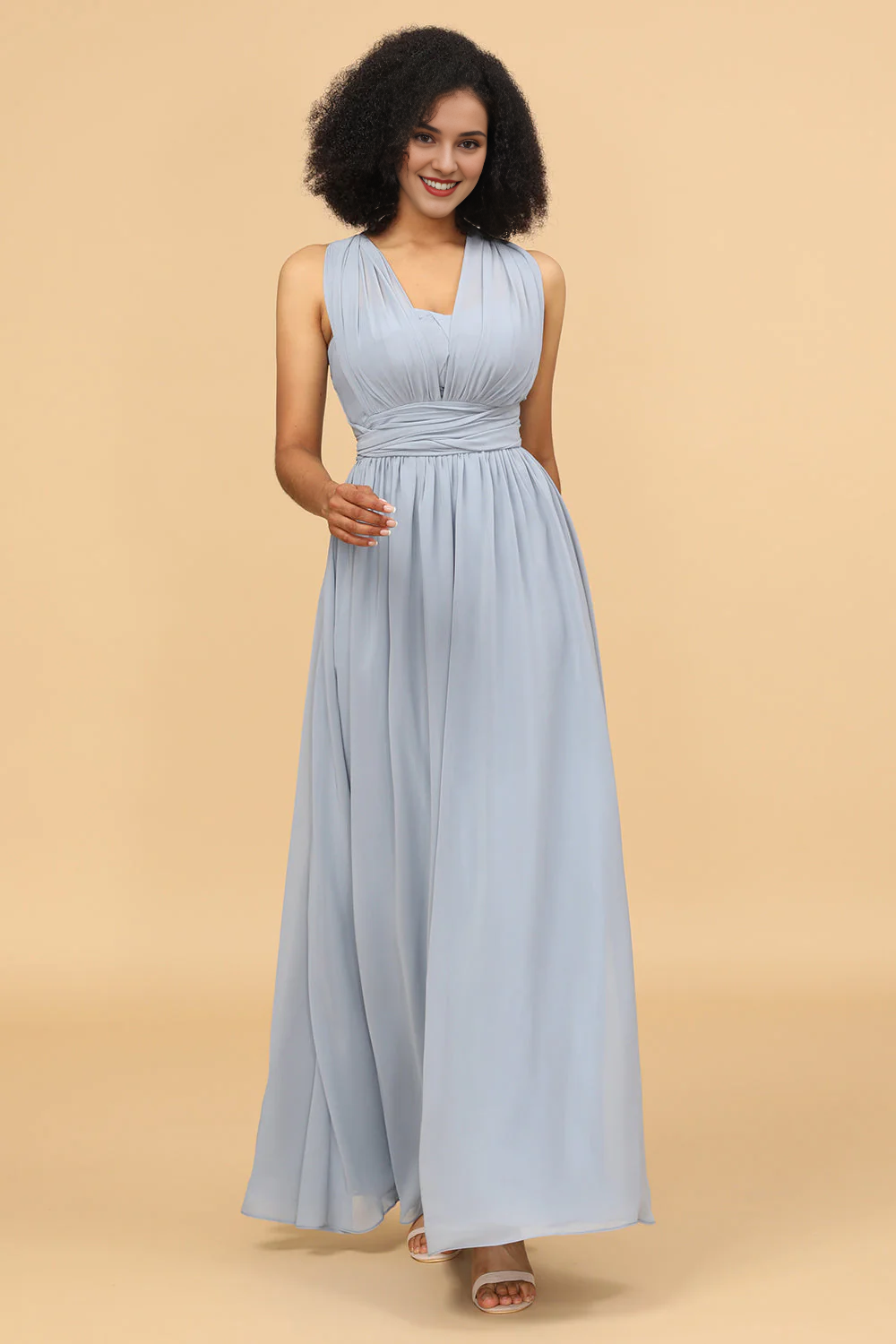 Grey blue A Line long chiffon bridesmaid dress with multiple dressing styles
