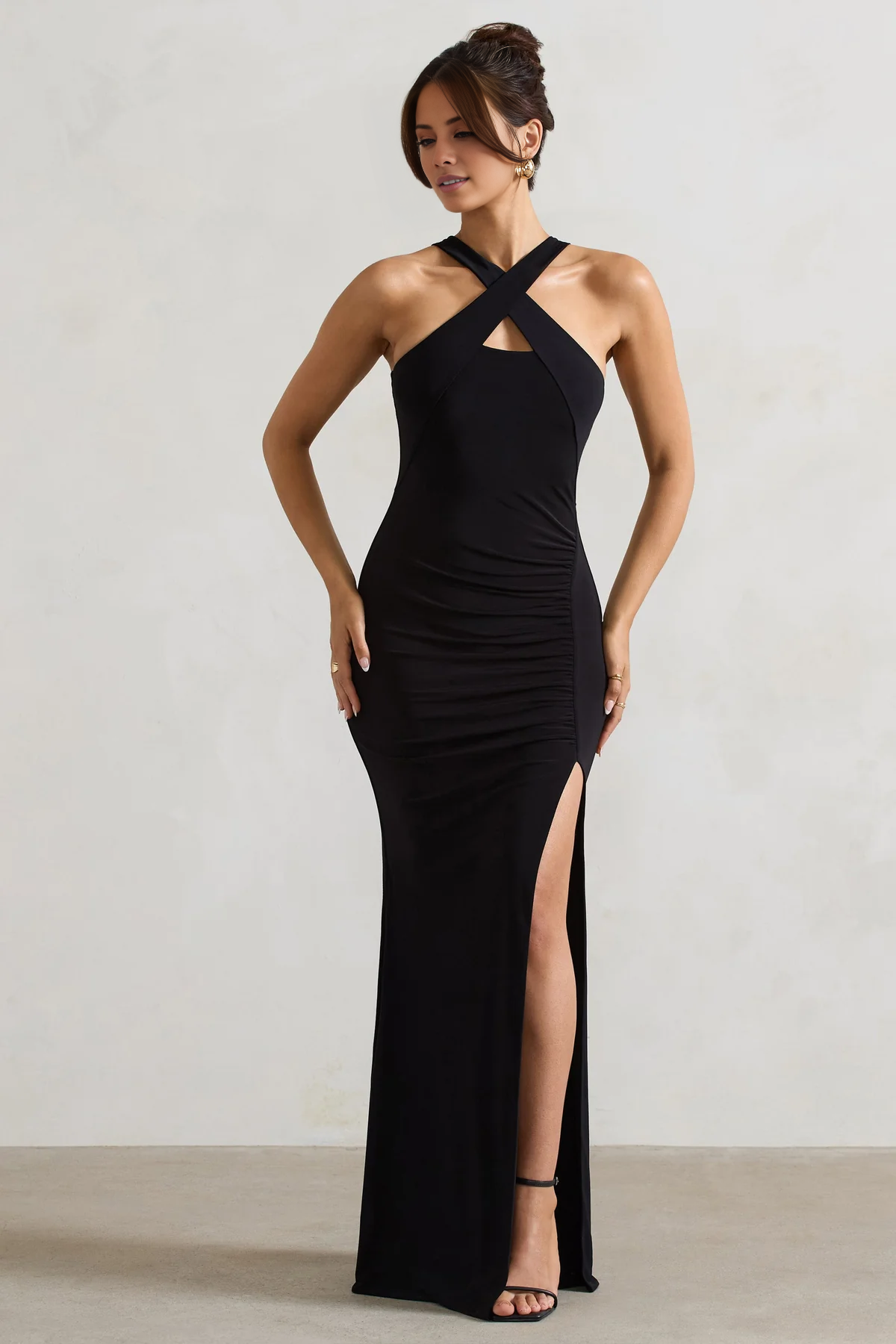 Cross neck off shoulder collar with side slit and floor length evening dress - Jimiss Dress