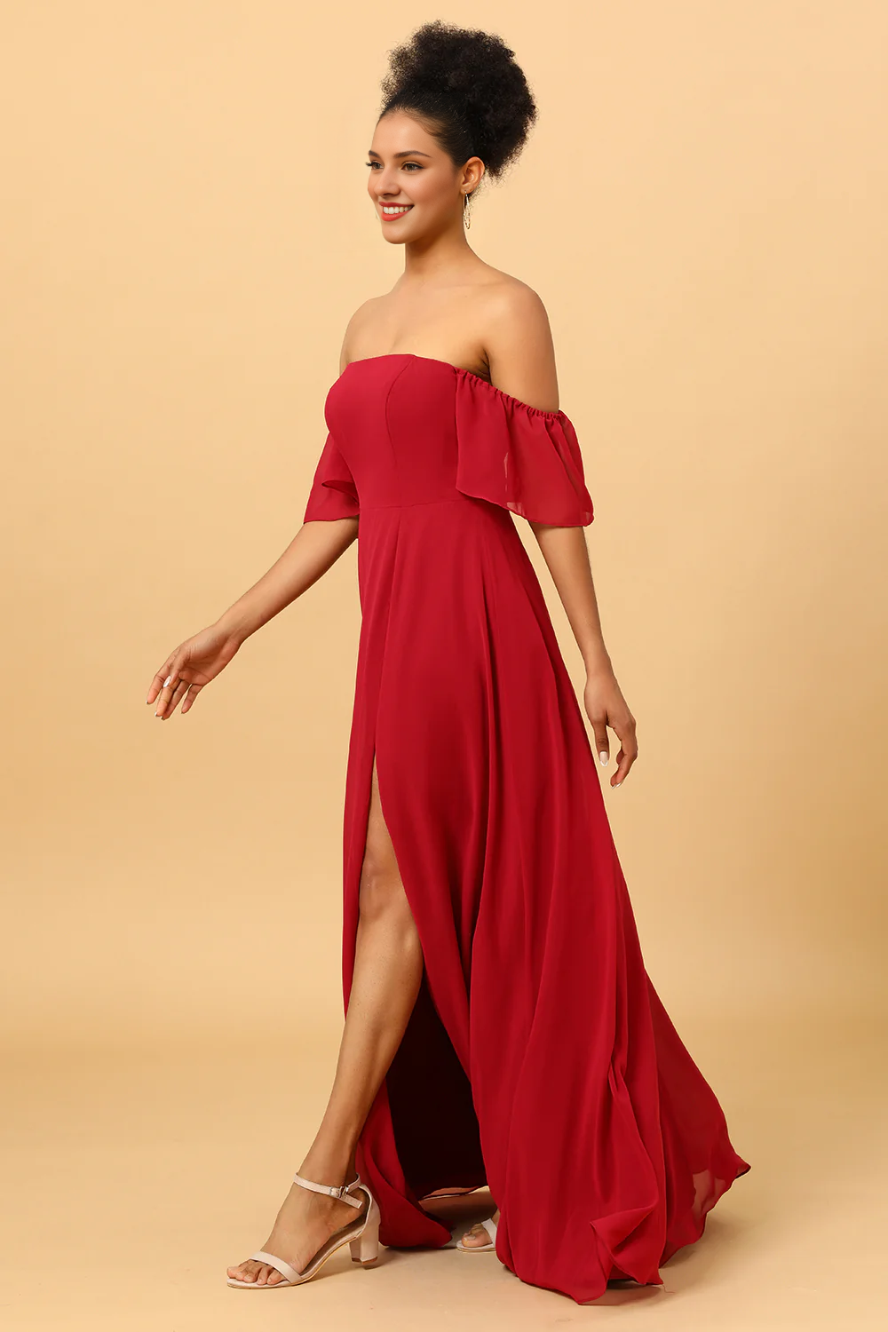 Wine red slit shoulder length chiffon bridesmaid dress