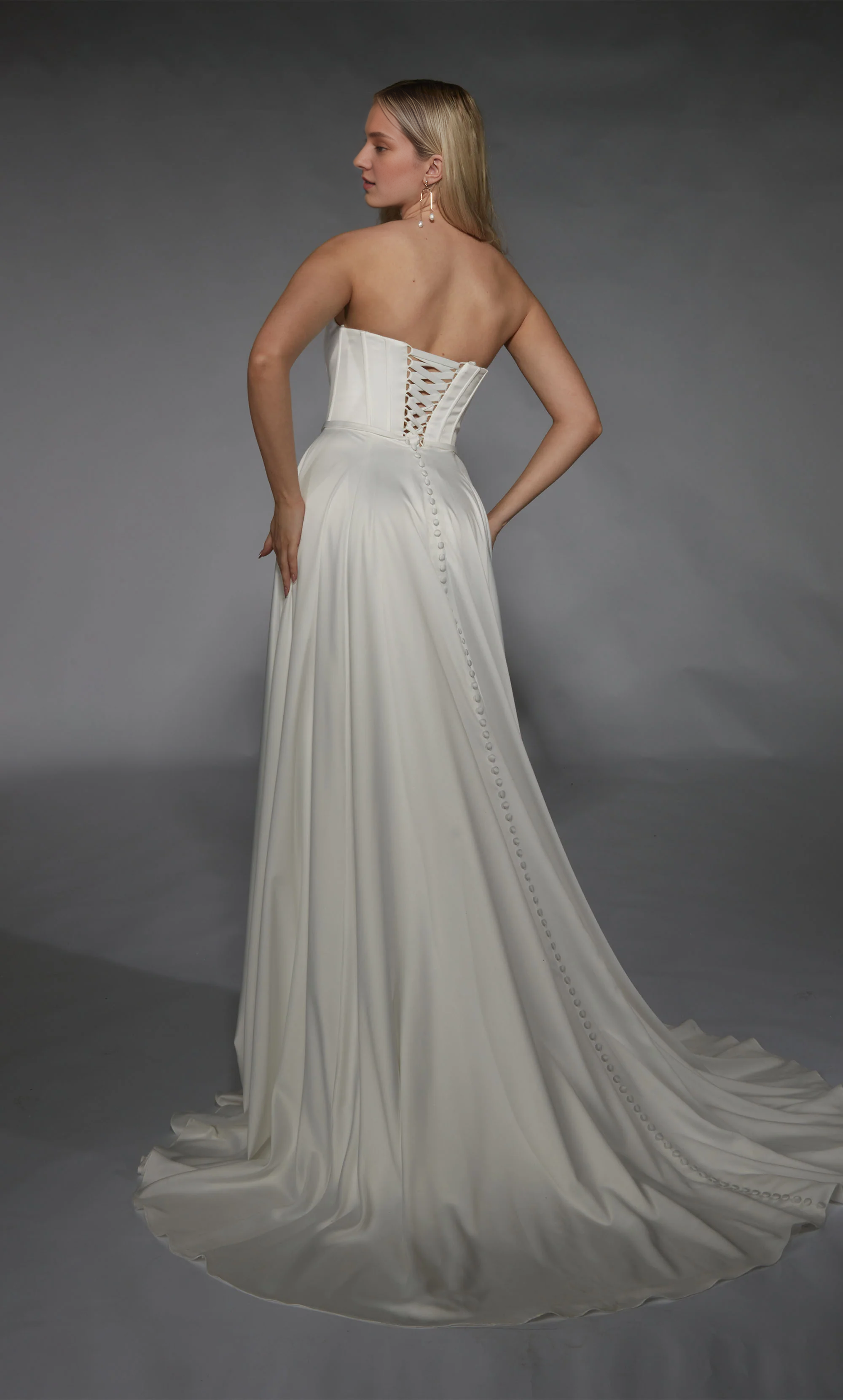 Perfect satin strapless A-line lace up vest tight corset slit wedding dresses