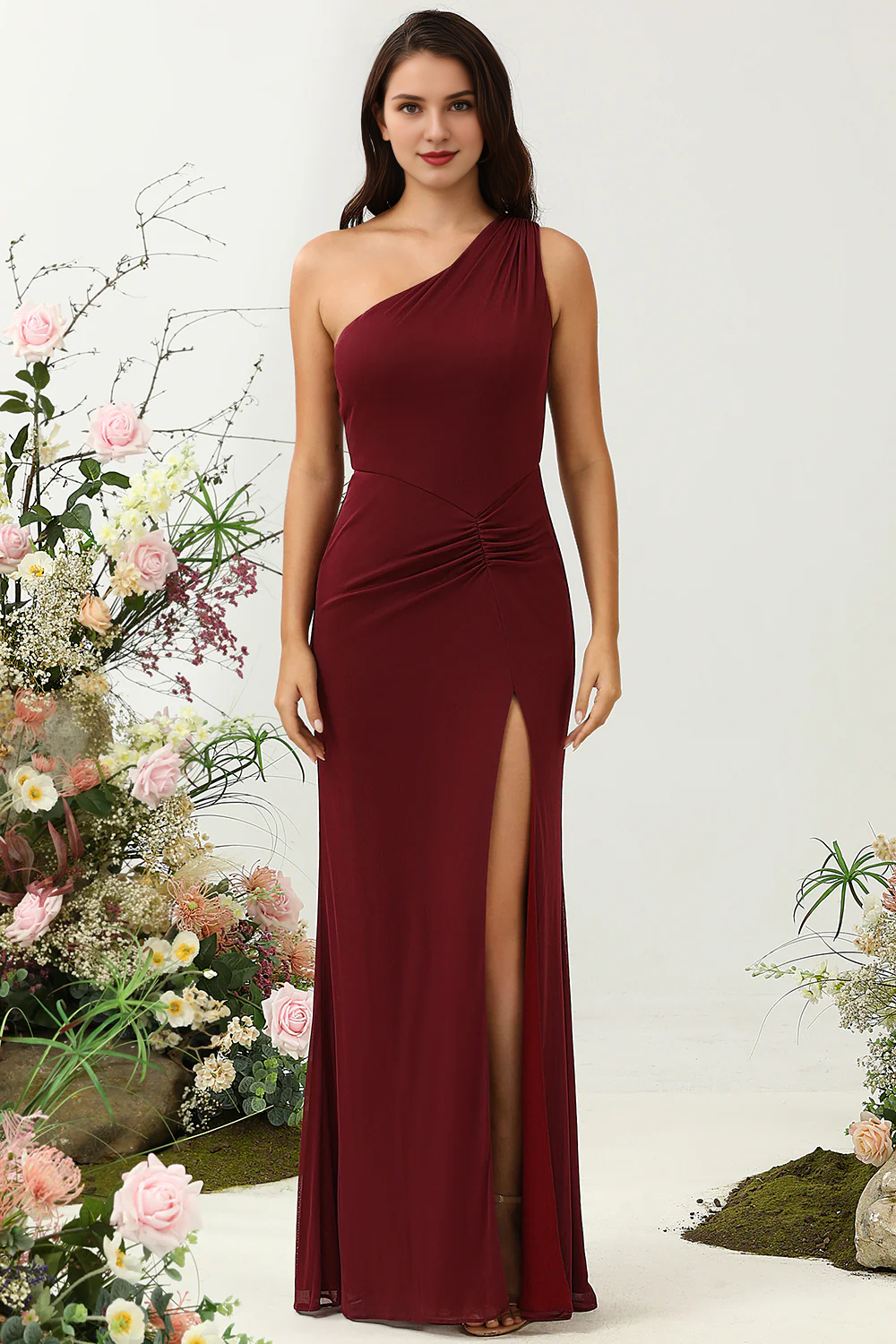 Wine red slit fish tail one shoulder chiffon bridesmaid dress