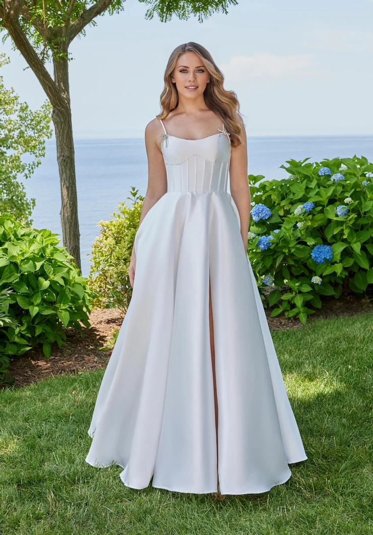 A-line spoon collar front slit and floor length evening gown