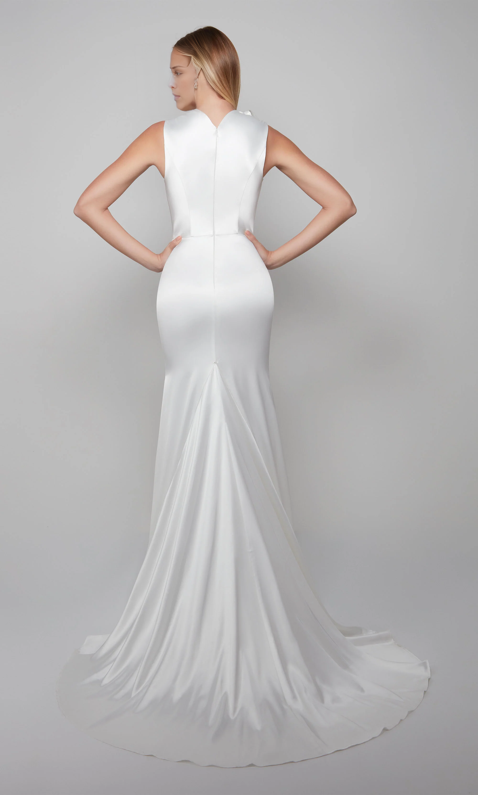 Satin high neck slim fit trumpet shaped back closed wedding dress