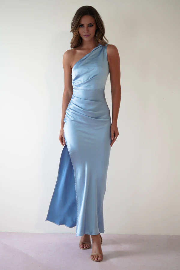 Asymmetric collar satin side slit long Prom dress - Jimiss Dress