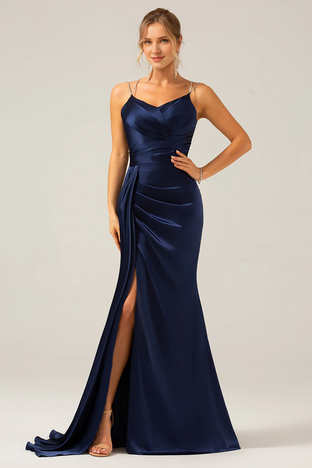 Navy blue fishtail thin shoulder strap slit pleated sequin ultra long dress