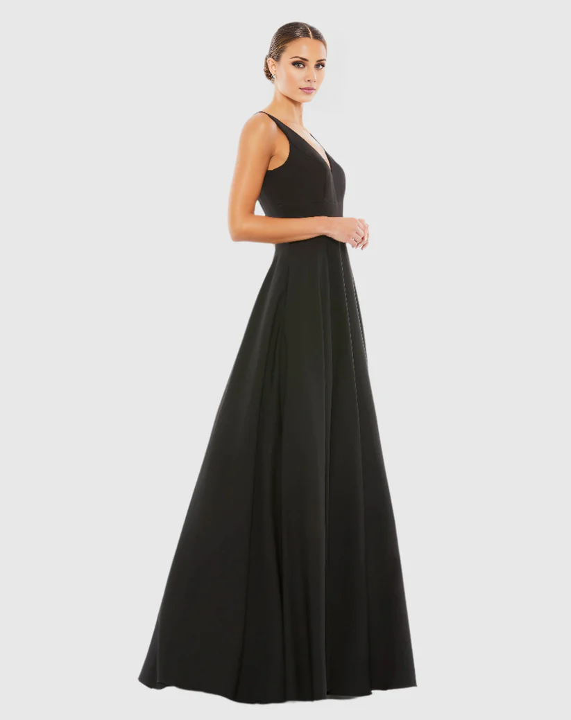 A-line V-neck black sleeveless floor-length evening dress