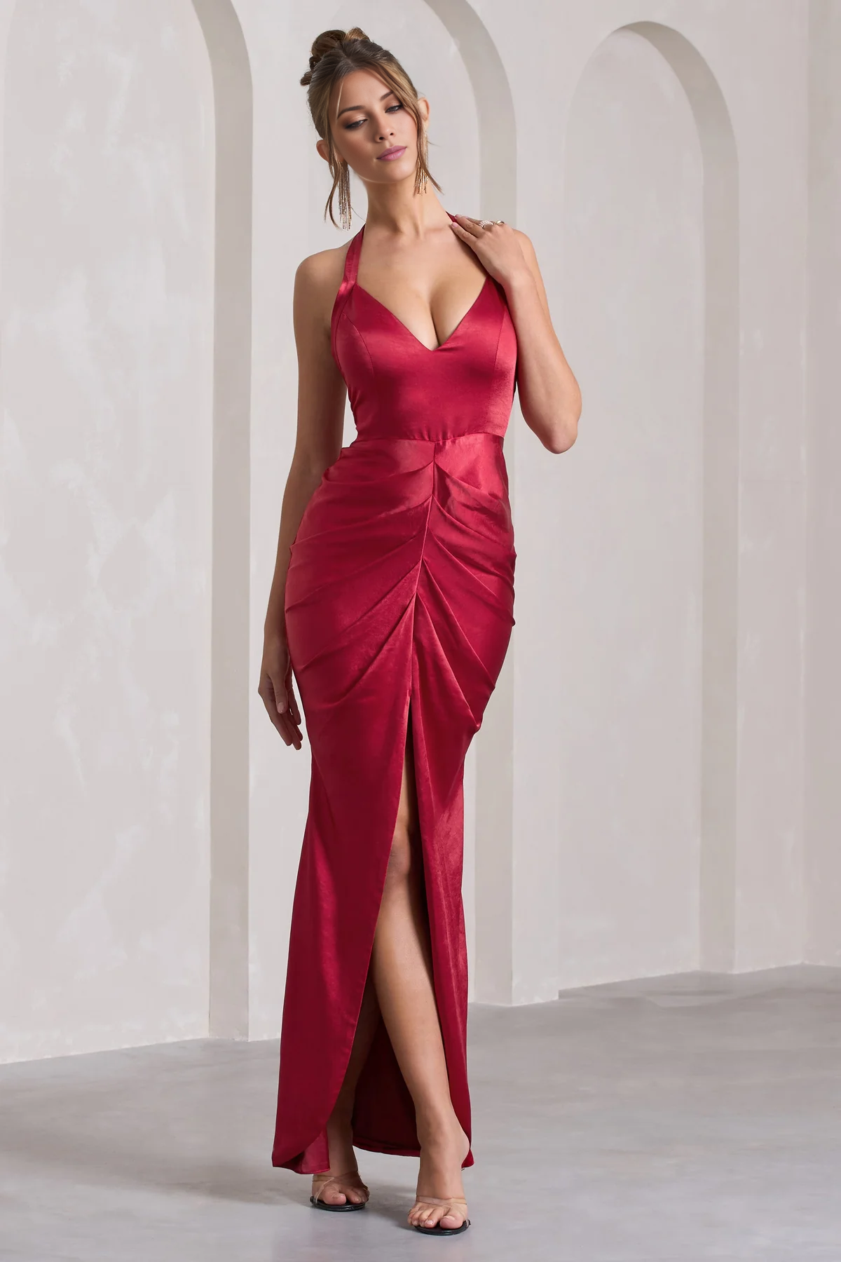 Satin low V hanging neck open back slit and floor length evening dress - jimiss Dress