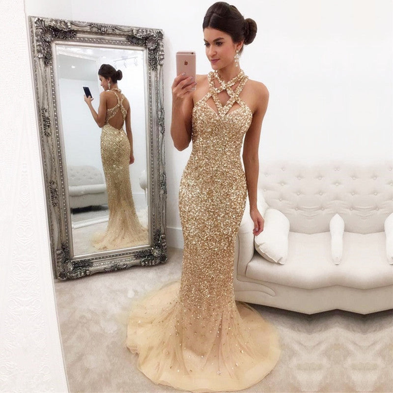 Fully Crystal Beaded Halter Long Champagne Mermaid Evening Gowns