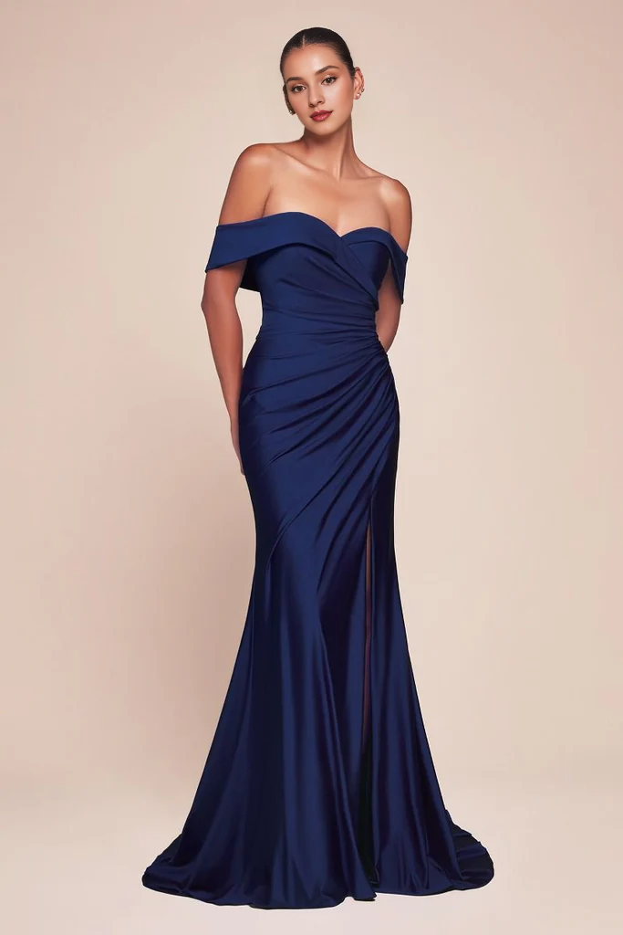 Off shoulder satin side slits and floor length godons evening dresses