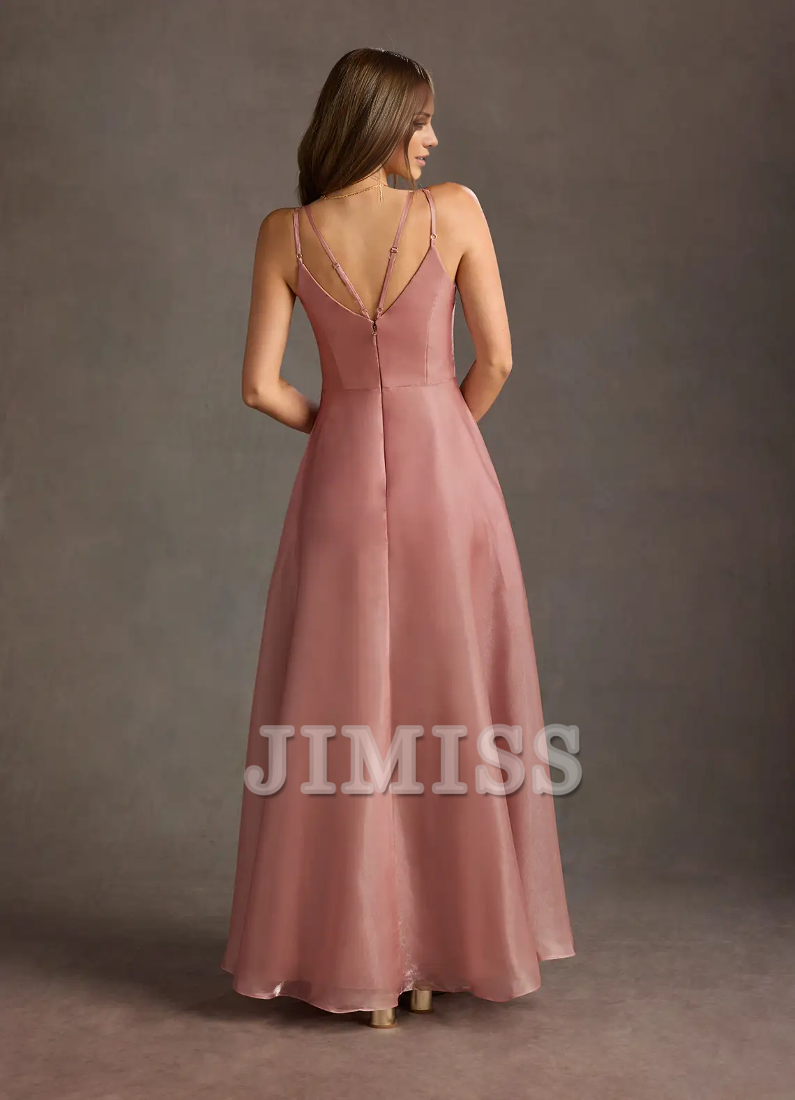 V-neck slim shoulder strap satin backless and floor length evening dress