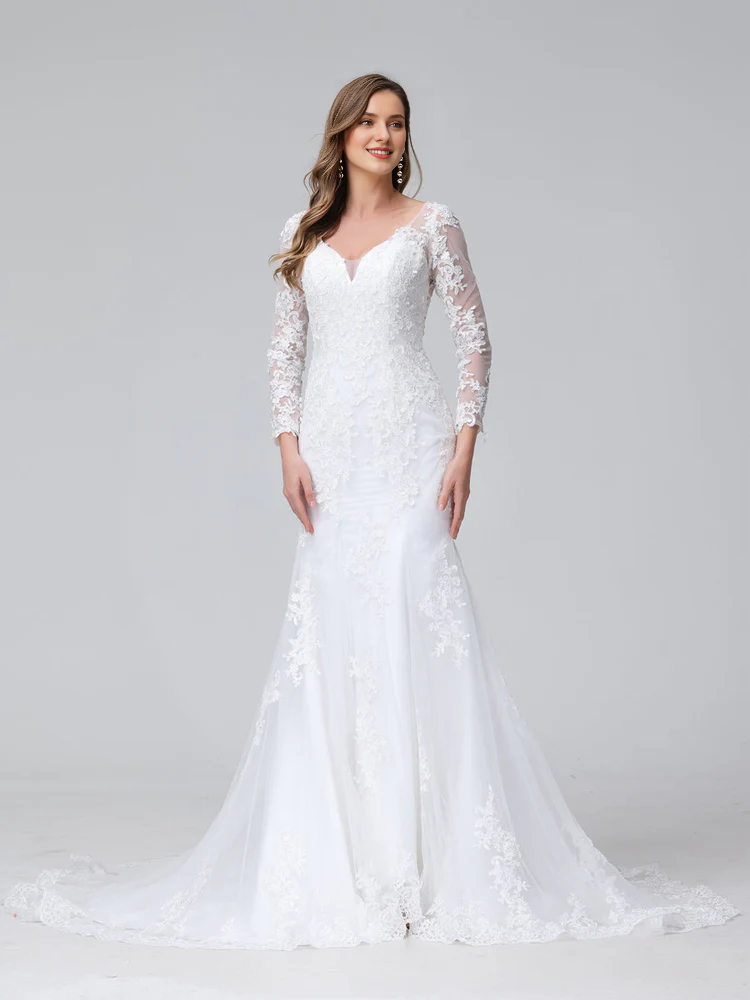 Horn fish tail V-neck long sleeved lace wedding dress