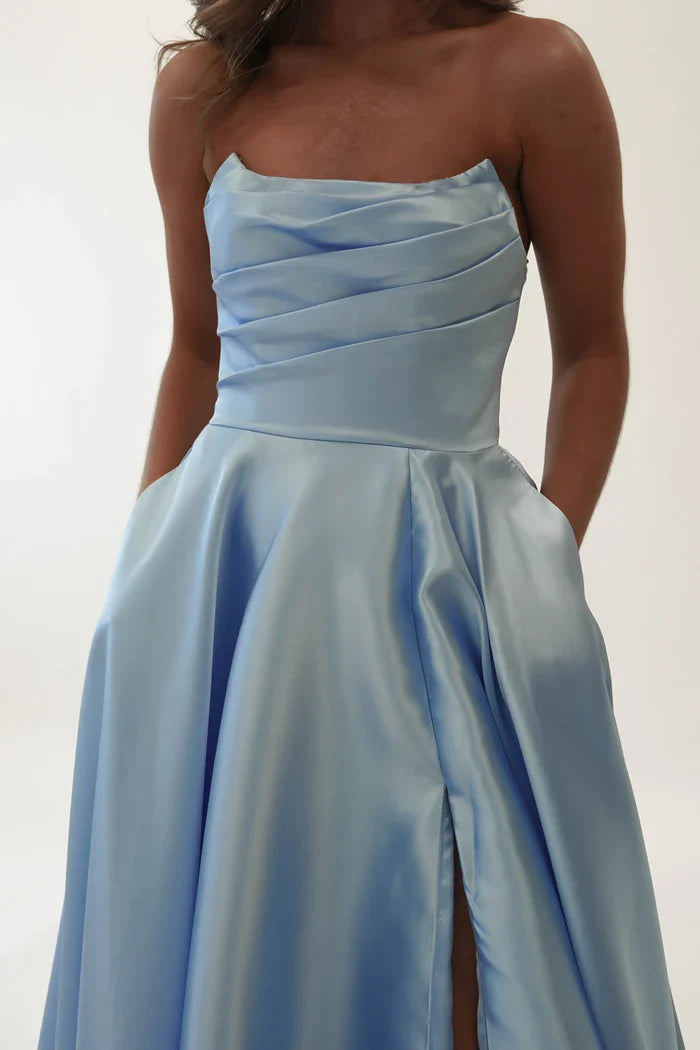 Off shoulder satin backless side slit long Prom dress - Jimiss Dress